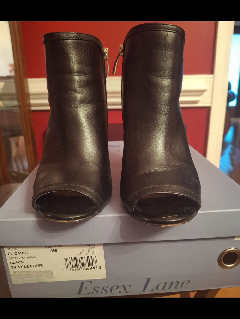 Essex Lane Black Silky Leather Peep-Toe Ankle Booties